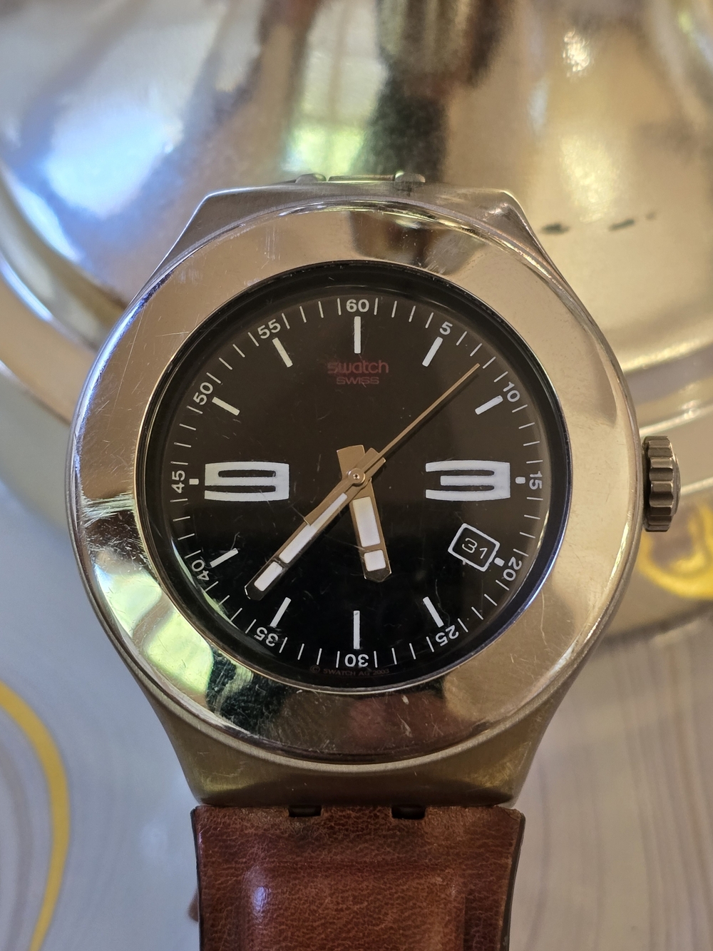 Swatch Swiss Men's Black Dial Watch with Brown Leather Strap New Battery Working